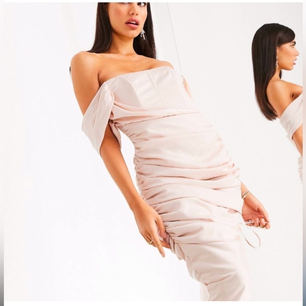 ASOS pink ruched bodycon dress off shoulder cocktail party midi dress baddie